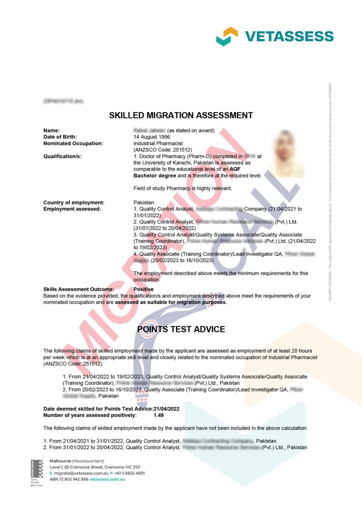 Industrial Pharmacist Assessed Positive By VETASSESS Migration Call   Rahat Vetassess 23 Jan 24 724x1024 